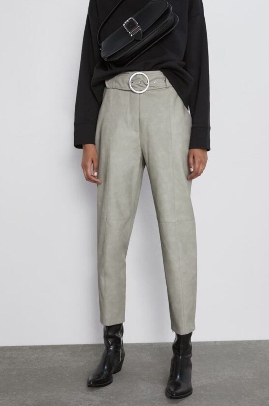 ZARA Olive Green Belted Waist Faux Leather High Rise Cropped Pants w/ Pockets M